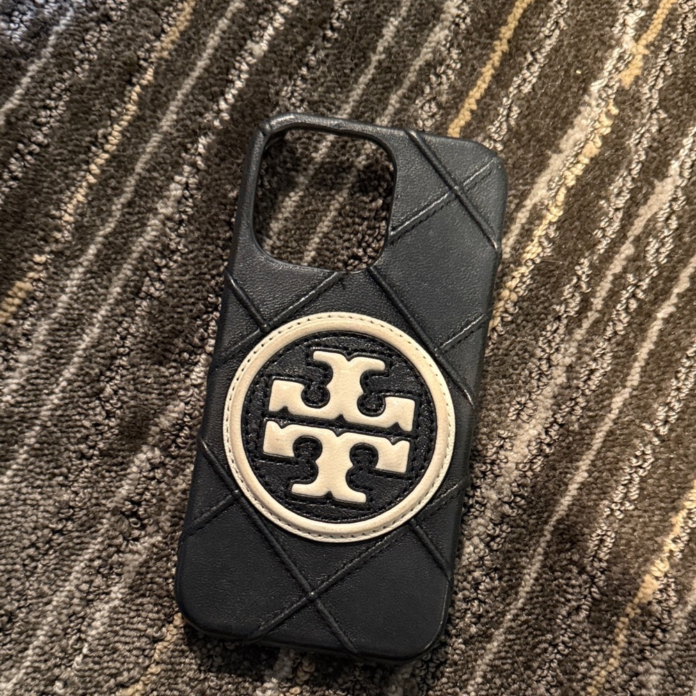Tory Burch Black Quilted Leather Phone Case with Cream Logo Medallion